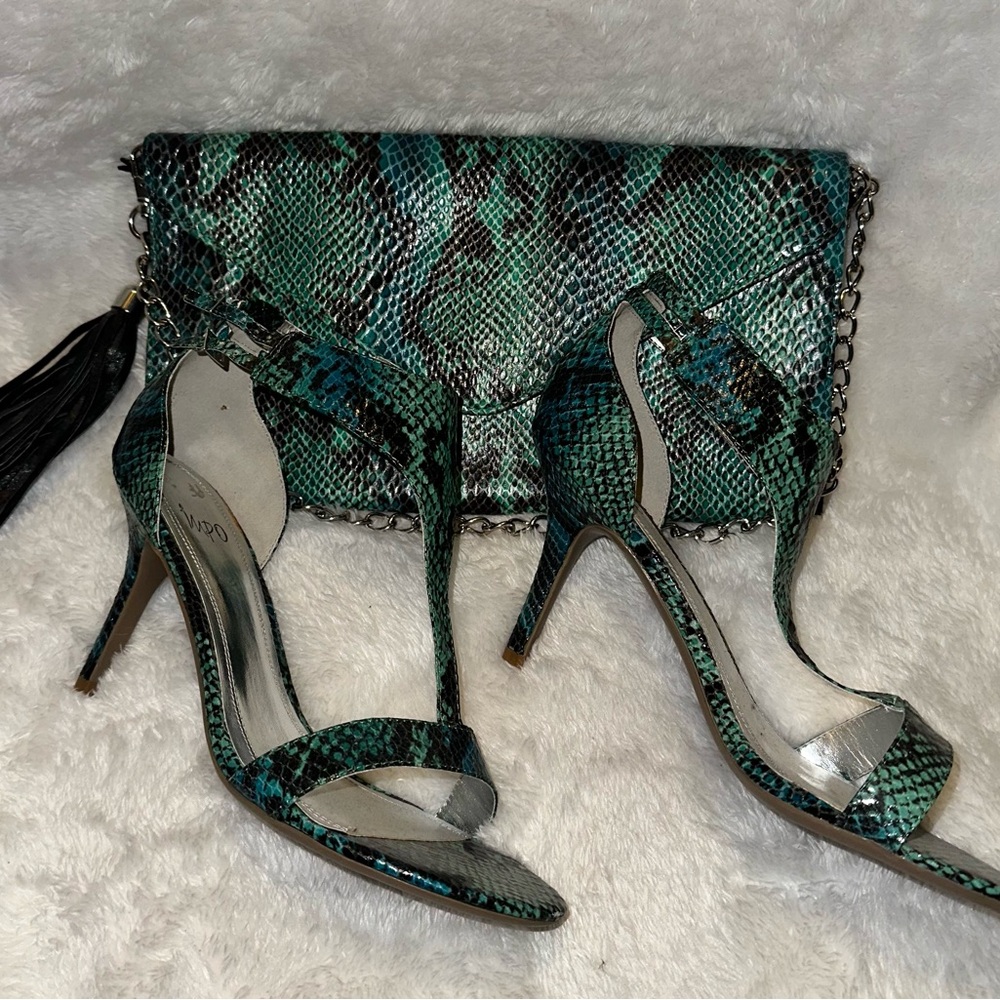 Green Snake Print Heels and Clutch Set